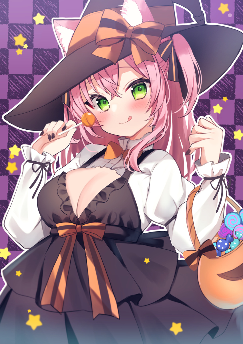 1girl :q animal_ear_fluff animal_ears black_dress blush bow breasts candy cat_ears cat_girl checkered_background cleavage double-parted_bangs dress food frilled_sleeves frills green_eyes hair_between_eyes hair_bow halloween halloween_bucket hamico haruka_(hamico) hat highres holding holding_candy holding_food holding_lollipop lollipop looking_at_viewer medium_breasts nail_polish orange_bow original pink_hair shrug_(clothing) solo tongue tongue_out waist_bow white_sleeves witch_hat