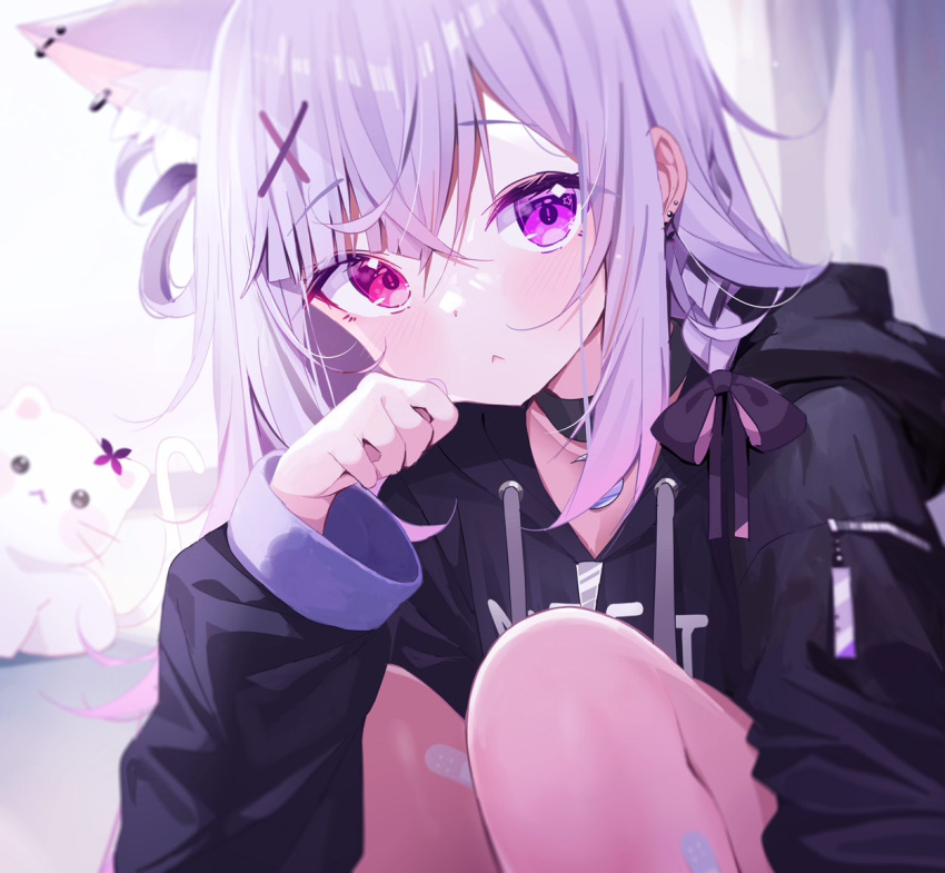 1girl :&lt; animal animal_ear_fluff animal_ears bandaid bandaid_on_leg black_choker black_hoodie blush braid cat cat_ears choker closed_mouth commentary_request deyui drawstring ear_piercing feet_out_of_frame hair_between_eyes hair_ornament hairclip hand_up heterochromia hood hood_down hoodie knees_up long_hair long_sleeves looking_at_viewer mikeneko_(utaite) niconico piercing puffy_long_sleeves puffy_sleeves purple_eyes purple_hair red_eyes solo squatting virtual_youtuber white_cat x_hair_ornament