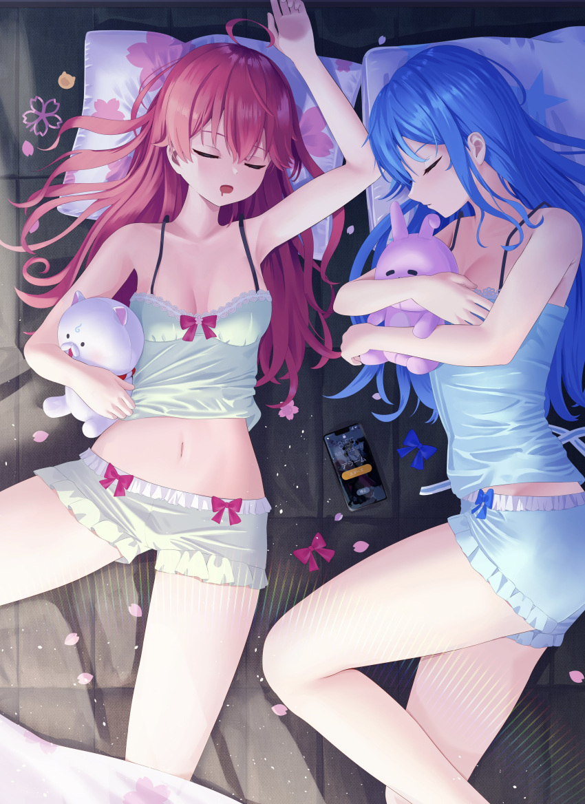 2girls 35p_(sakura_miko) absurdres ahoge alternate_costume arm_up armpit_crease armpits asakura_(asa_t77) blue_bow blue_hair blue_shirt blue_shorts bow breasts cellphone closed_eyes closed_mouth feet_out_of_frame frilled_shorts frills from_above green_shirt green_shorts highres hololive hoshimachi_suisei lace_trim legs long_hair lying medium_breasts midriff multiple_girls navel object_hug on_back on_side phone pillow pink_bow pink_hair sakura_miko shadow shirt short_shorts shorts sleeping sleepwear small_breasts smartphone spaghetti_strap stuffed_toy thighs virtual_youtuber