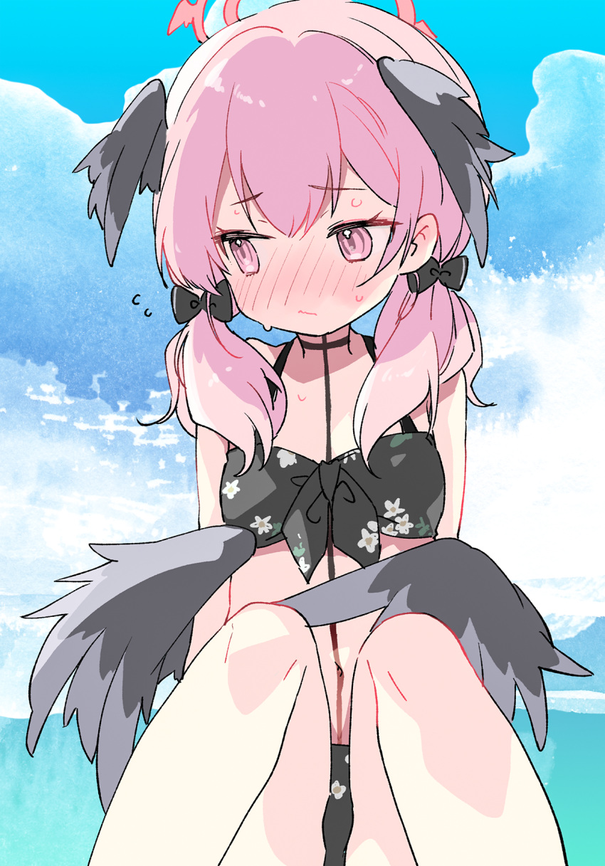 1girl averting_eyes bikini black_bikini black_bow black_wings blue_archive blush bow breasts closed_mouth commentary_request embarrassed feathered_wings floral_print front-tie_bikini_top front-tie_top grey_wings hair_between_eyes hair_bow halo head_wings highres kamiyoshi_rika knees_up koharu_(blue_archive) koharu_(swimsuit)_(blue_archive) long_hair looking_to_the_side low_twintails low_wings nose_blush official_alternate_costume pink_eyes pink_hair pink_halo print_bikini sitting small_breasts solo swimsuit twintails wings