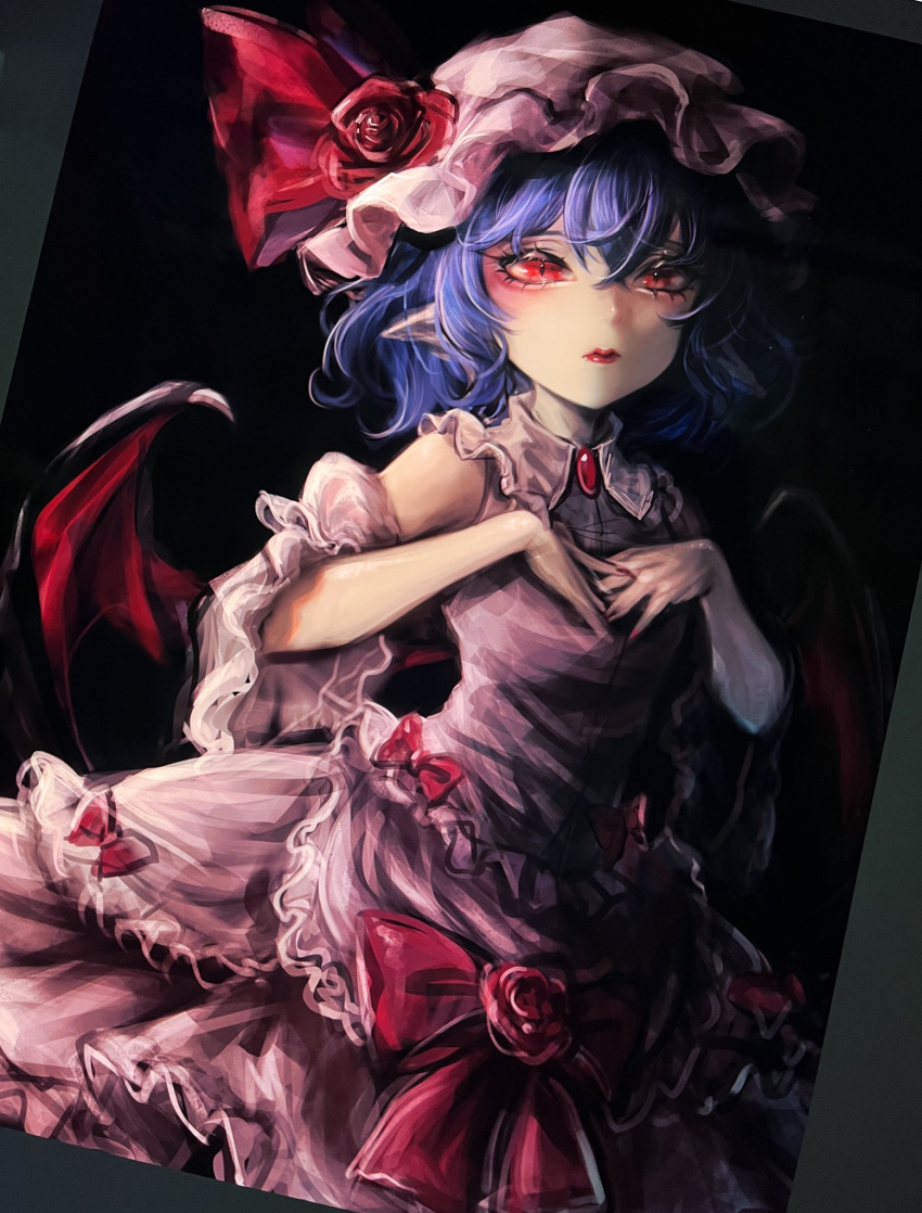 1girl adapted_costume bat_wings blue_hair bow breasts brooch closed_mouth collared_shirt cowboy_shot dark_background fingernails flower frilled_shirt frilled_shirt_collar frilled_skirt frills hair_between_eyes hands_on_own_chest hat hat_flower highres jewelry kyogoku-uru lips medium_hair mob_cap nail_polish own_hands_together photo_(medium) pink_headwear pink_shirt pink_skirt pointy_ears red_bow red_brooch red_eyes red_flower red_nails red_rose remilia_scarlet rose sharp_fingernails shirt simple_background skirt sleeveless sleeveless_shirt small_breasts solo touhou unfinished wings