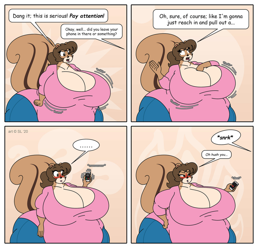 2020 4_panel_comic anthro belly big_belly big_breasts big_butt blush bottomwear bouncing_breasts breasts brown_body brown_eyes brown_fur brown_hair butt cellphone chipmunk clothing comic copyright_symbol denim denim_clothing digital_media_(artwork) english_text female fur ground_squirrel hair hi_res huge_breasts jeans jiggling mammal obese obese_anthro obese_female open_mouth overweight overweight_anthro overweight_female pants phone rodent satsumalord sciurid shirt solo sound_effects symbol terry_(satsumalord) text thick_thighs topwear wibbling wobbling