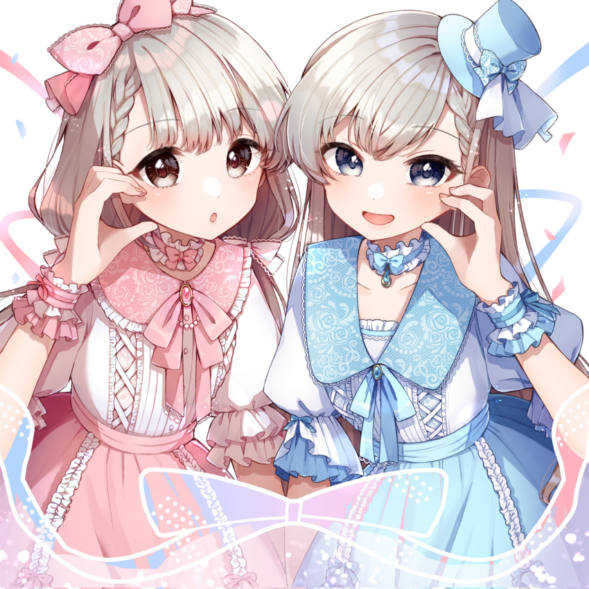 2girls asymmetry blue_bow blue_bowtie blue_eyes blue_headwear blue_skirt bow bow_hairband bowtie braid braided_bangs choker frilled_choker frilled_shirt frilled_shirt_collar frilled_skirt frills hair_bow hairband hat high-waist_skirt highres hisakawa_hayate hisakawa_nagi idolmaster idolmaster_cinderella_girls kuwaefuru light_brown_hair long_hair mini_hat mini_top_hat multiple_girls pink_bow pink_bowtie pink_skirt shirt siblings sisters skirt skirt_set symmetry top_hat twins white_choker white_shirt