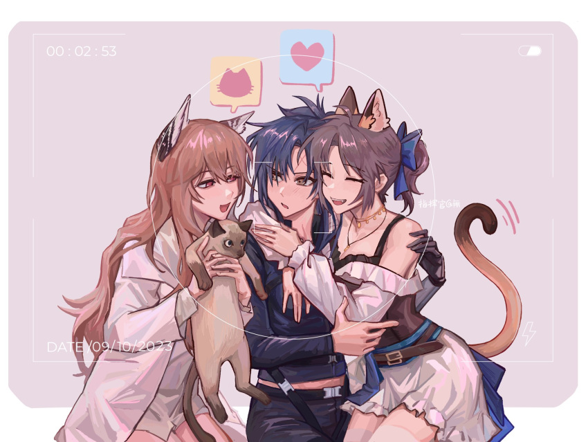 3girls angelia_(girls'_frontline) animal animal_ears arianaleonardo black_hair black_jacket brown_eyes brown_hair cat cat_ears cat_tail chinese_commentary closed_eyes commentary_request dated fake_screenshot female_commander_(girls'_frontline) girls'_frontline grey_shirt hair_ribbon heart highres holding holding_animal holding_cat hug jacket lab_coat long_hair long_sleeves looking_at_another multiple_girls open_mouth persica_(girls'_frontline) pink_hair ponytail ribbon shirt smile spoken_heart spoken_symbol tail yuri