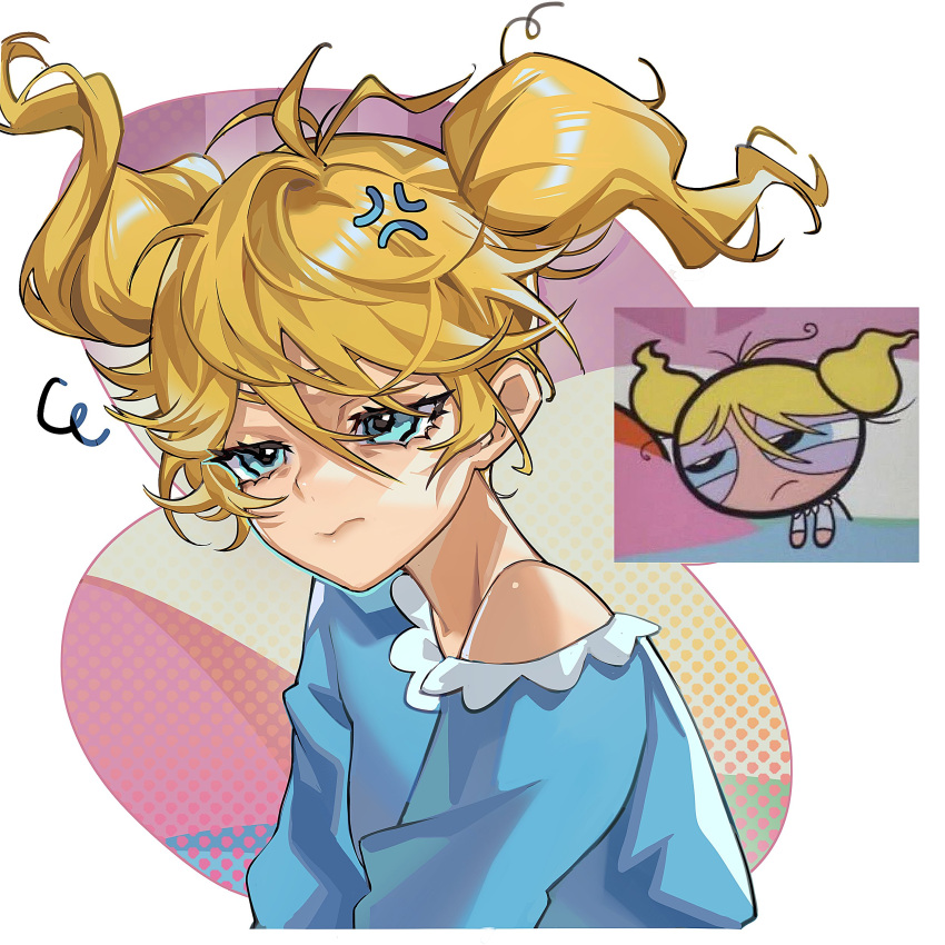 1girl absurdres anger_vein blonde_hair blue_eyes blue_pajamas bubbles_(ppg) closed_mouth derivative_work hair_between_eyes highres mato-c messy_hair multicolored_background multiple_views pajamas powerpuff_girls single_bare_shoulder sleepy twintails white_background