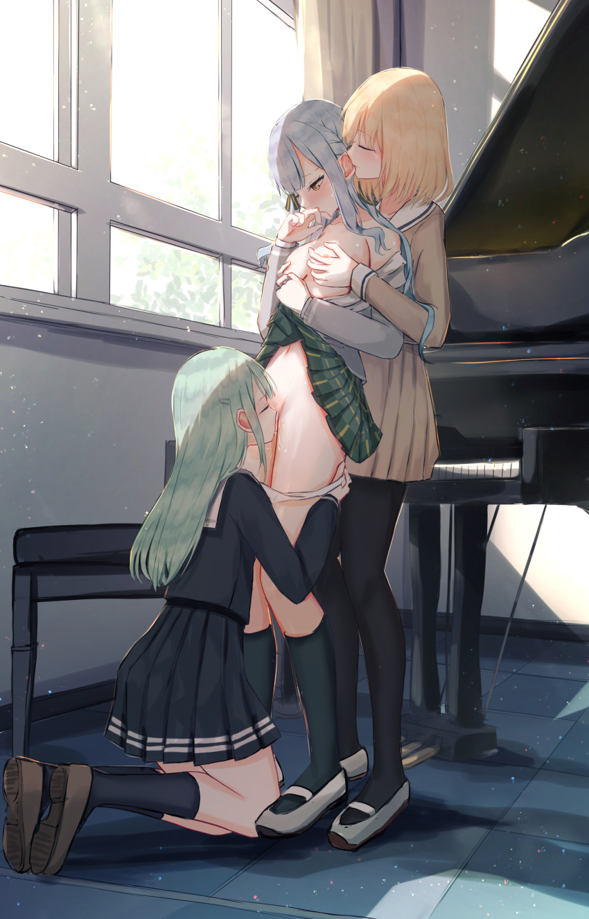 3girls absurdres bang_dream! bang_dream!_it's_mygo!!!!! benevole black_pantyhose black_socks breasts closed_eyes clothes_lift cunnilingus grabbing grabbing_another's_breast grabbing_from_behind grand_piano highres indoors instrument kneehighs kneeling lifted_by_self looking_at_another misumi_uika multiple_girls oral panties panty_pull pantyhose piano pleated_skirt pulled_by_another pussy_juice school_uniform skirt skirt_lift small_breasts socks togawa_sakiko underwear wakaba_mutsumi white_panties yuri