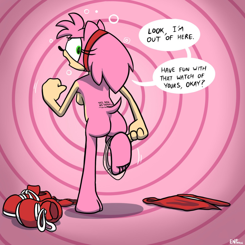 abstract_background amy_rose angry anthro butt clothing eulipotyphlan female hedgehog hi_res hypnosis looking_at_viewer mammal mind_control nude oblivious rear_view sega simple_background solo sonic_the_hedgehog_(series) spiral_background spiral_eyes theenfman undressing