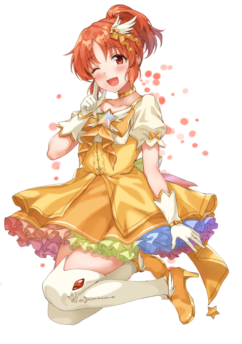 1girl ;d abe_nana absurdres blush bow breasts brooch brown_eyes brown_hair choker collarbone dot_nose dress finger_to_cheek full_body gloves gradient_dress hair_bow hair_ornament hand_up high_heels highres idolmaster idolmaster_cinderella_girls idolmaster_cinderella_girls_starlight_stage index_finger_raised jewelry looking_at_viewer magical_girl medium_breasts one_eye_closed open_mouth ponytail short_hair short_sleeves simple_background sirurabbit smile solo star_(symbol) star_brooch star_hair_ornament thighhighs white_background white_gloves white_thighhighs wing_hair_ornament yellow_choker yellow_dress