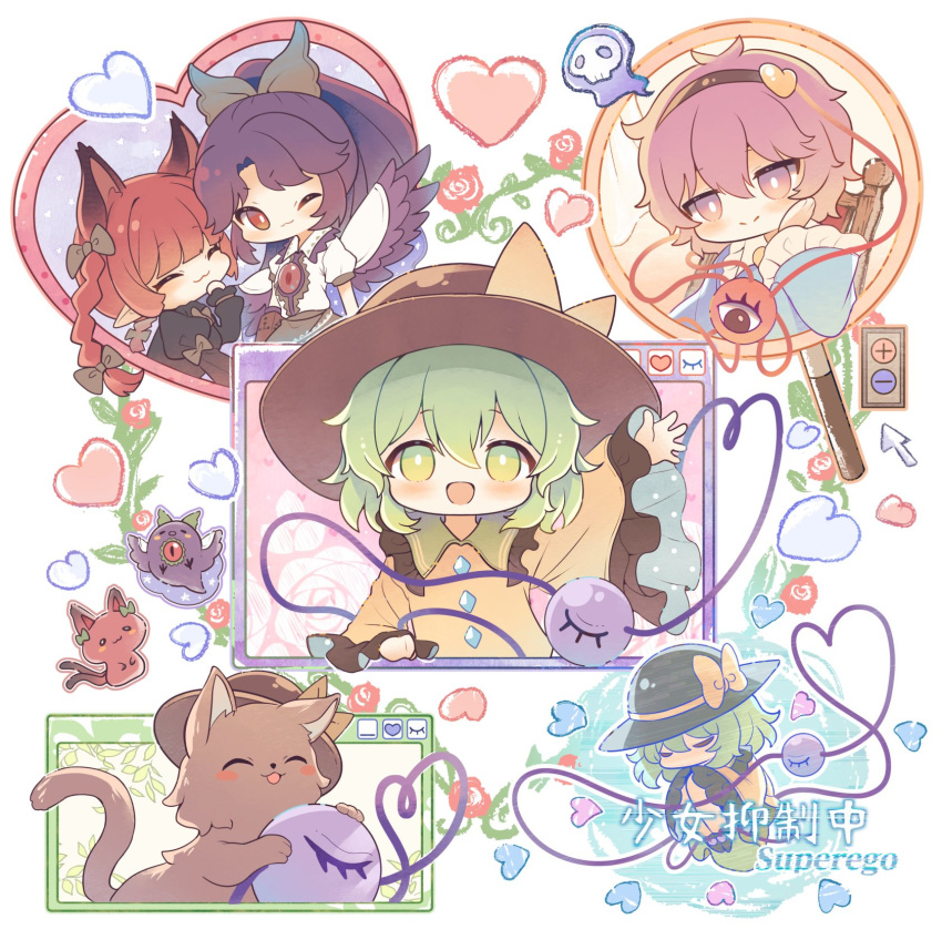 4girls :3 :d ;3 arm_up braid chibi commentary_request extra_ears frills green_eyes green_hair hairband hat heart heart_of_string highres kaenbyou_rin kaenbyou_rin_(cat) komeiji_koishi komeiji_satori multiple_girls multiple_tails nekomata one_eye_closed pointy_ears purple_eyes purple_hair red_hair reiuji_utsuho reiuji_utsuho_(bird) sekisei_(superego51) short_hair smile straight-on tail third_eye touhou twin_braids two_tails v-shaped_eyebrows waving wide_sleeves