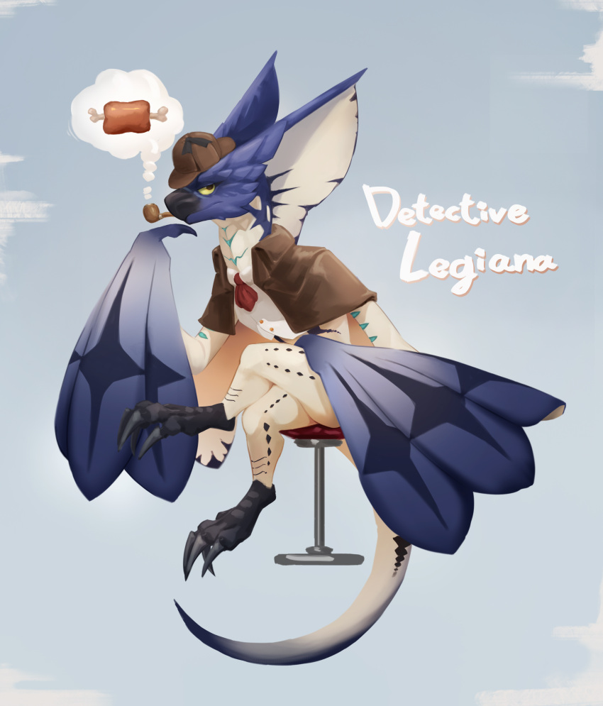 absurd_res ambiguous_gender anthro capcom flying_wyvern food furniture hi_res leg_over_thigh legiana looking_at_viewer meat monster_hunter shawl simple_background sitting smoking_pipe solo stool tail text wings wiosvikulan yellow_eyes