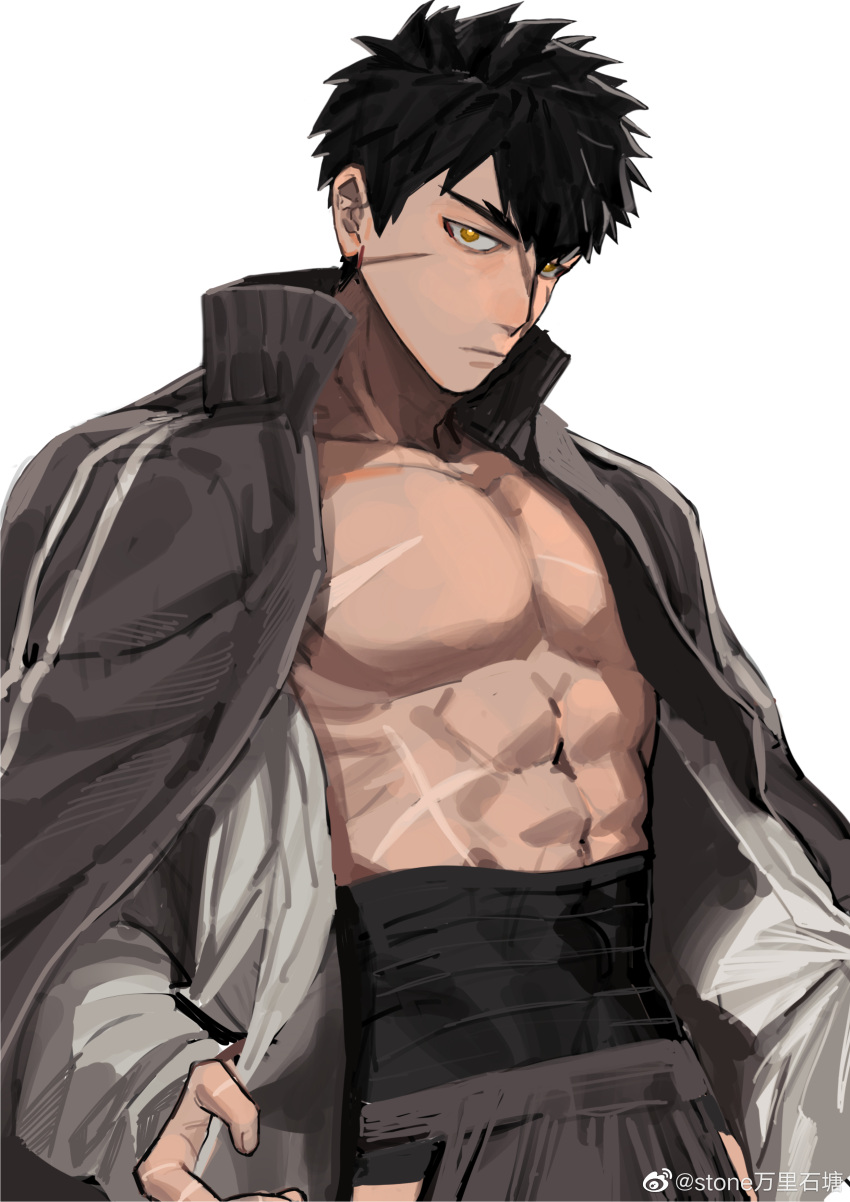 1boy absurdres bannriishi bara bare_pectorals black_hair black_jacket bright_pupils cowboy_shot doudanuki_masakuni expressionless hakama hakama_skirt highres hip_vent jacket jacket_on_shoulders japanese_clothes looking_at_viewer male_focus midriff_peek no_nipples open_clothes open_jacket pectorals scar scar_on_face scar_on_nose short_hair sideways_glance skirt solo thick_eyebrows toned toned_male touken_ranbu track_jacket