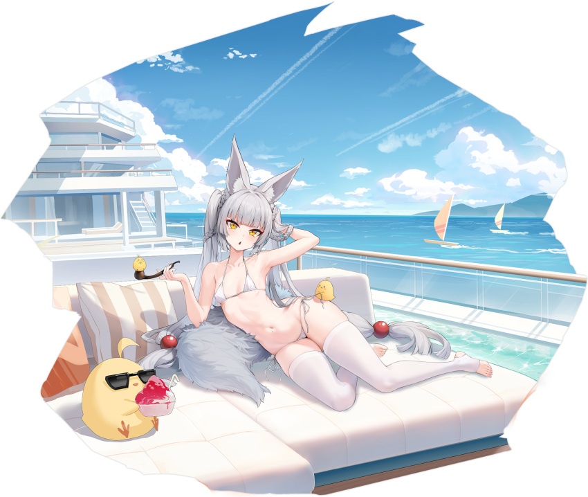 1girl :o animal_ear_fluff animal_ears armpits asanagi asanagi_(azur_lane) asanagi_(lulled_by_rough_seas)_(azur_lane) azur_lane bikini blue_sky braid breasts closed_mouth cloud cloudy_sky highres holding holding_smoking_pipe long_hair looking_at_viewer lying manjuu_(azur_lane) name_connection navel official_art on_side open_mouth side-tie_bikini_bottom skindentation sky small_breasts smile smoking_pipe solo stirrup_legwear swimsuit thick_eyebrows thighhighs toeless_legwear white_bikini white_hair white_thighhighs yellow_eyes