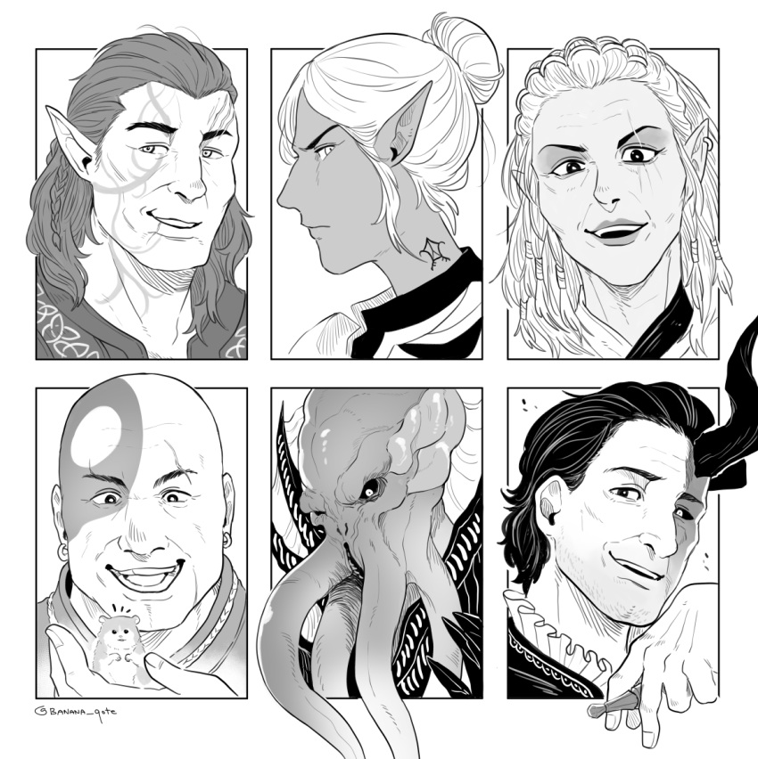 baldur's_gate banana_qote boo_(baldur's_gate) cricetid demon drow elf face_tentacles female feral group halsin_(baldur's_gate) hamster headshot_portrait horn human humanoid humanoid_pointy_ears jaheira male mammal mind_flayer minsc minthara portrait raphael_(baldur's_gate) rodent scar smile tattoo tentacles the_emperor_(baldur's_gate)