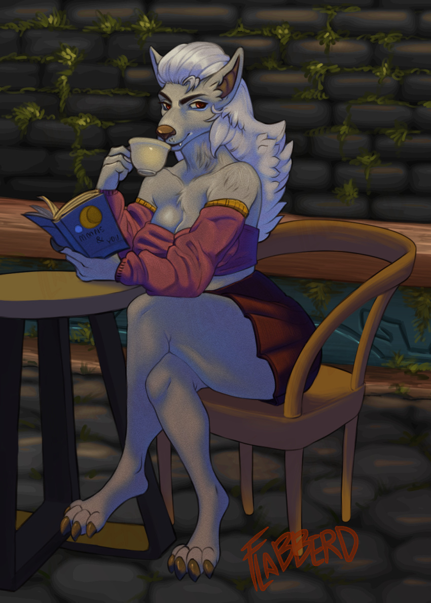 anthro beverage blizzard_entertainment book bottomwear cafe canid canine canis claws clothing coffee container crossed_legs cup drinking eddie_(flabberd) female flabberd hi_res long_sleeves mammal miniskirt paws reading reading_book red_eyes skirt solo toe_claws topwear tube_top warcraft were werecanid werecanine werewolf wolf worgen