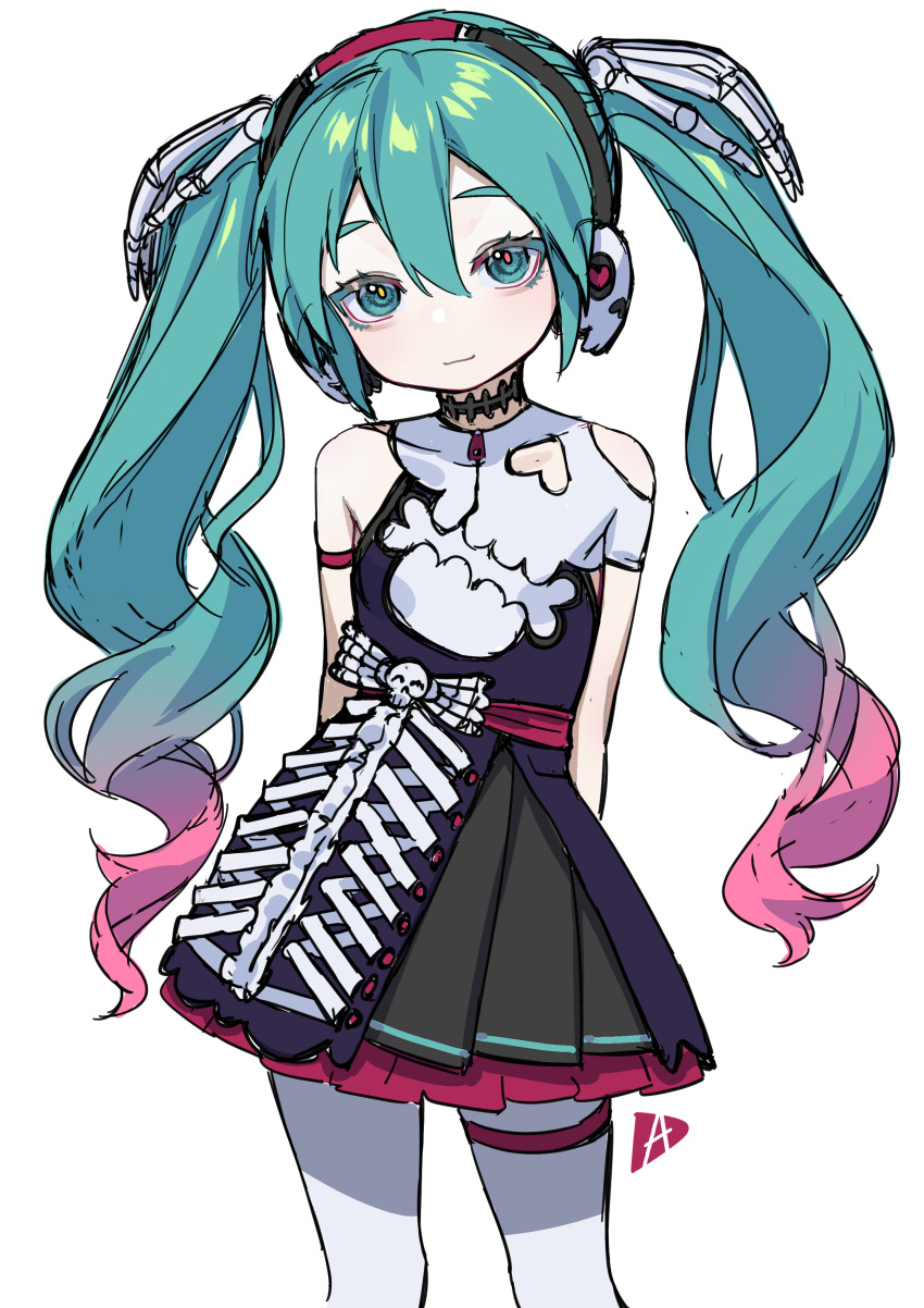 1girl absurdres aqua_eyes aqua_hair arms_behind_back artist_logo bare_shoulders choker closed_mouth clothing_cutout commentary cowboy_shot dress gradient_hair hair_between_eyes hair_ornament hatsune_miku headphones heart heart-shaped_pupils heart_cutout highres light_smile long_hair looking_at_viewer multicolored_hair pantyhose pink_hair purple_hair red_pupils redauto ribs shoulder_cutout signature simple_background skeletal_hand skeleton skeleton_costume skull solo stitched_neck stitches symbol-only_commentary symbol-shaped_pupils thigh_strap twintails vocaloid white_background white_pantyhose