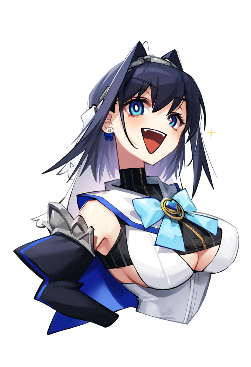 1girl :d adarin black_hair black_shirt blue_eyes blush breasts chain_hairband cropped_shirt cropped_torso detached_sleeves ear_ribbon hair_intakes hairband heart-shaped_gem highres hololive hololive_english juliet_sleeves large_breasts long_sleeves looking_at_viewer narrow_waist open_mouth ouro_kronii pinstripe_pattern pinstripe_shirt puffy_sleeves sailor_collar shirt short_hair smile solo sparkle striped striped_shirt underboob veil vertical-striped_shirt vertical_stripes virtual_youtuber white_veil zipper