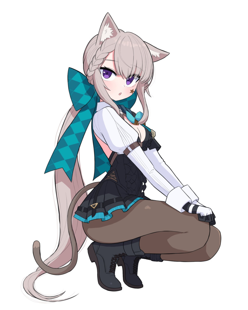 1girl animal_ear_fluff animal_ears bebetang black_dress black_footwear black_gloves blush boots breasts brown_hair brown_pantyhose cat_ears cat_girl cat_tail cleavage cross-laced_footwear dress facial_mark full_body genshin_impact gloves highres juliet_sleeves lace-up_boots long_sleeves looking_at_viewer low_ponytail lynette_(genshin_impact) medium_breasts pantyhose parted_lips pleated_dress ponytail puffy_sleeves purple_eyes simple_background solo squatting star_(symbol) tail tiptoes uneven_eyes white_background white_gloves