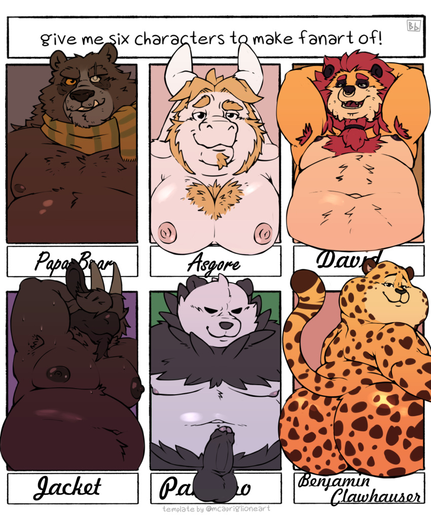 anthro armpit_fetish armpit_hair asgore_dreemurr bear belly benjamin_clawhauser big_belly big_butt black_nose blem-bop bodily_fluids body_hair boss_monster bovid brown_body butt caprine casual_exposure cheetah chest_hair clothed clothing disney english_text eyes_closed felid feline fur generation_6_pokemon genitals giant_panda goat group hair hi_res horn huge_butt invalid_tag jaguar kemono lion male mammal meme moobs mostly_nude muscular musk nintendo nipples obese obese_anthro overweight overweight_anthro overweight_male pangoro pantherine papa_bear_(puss_in_boots) penis pokemon pokemon_(species) puss_in_boots_(film) puss_in_boots_the_last_wish scarf simple_background smile sweat sweatdrop teeth text undertale undertale_(series) white_body yellow_body yellow_fur zootopia