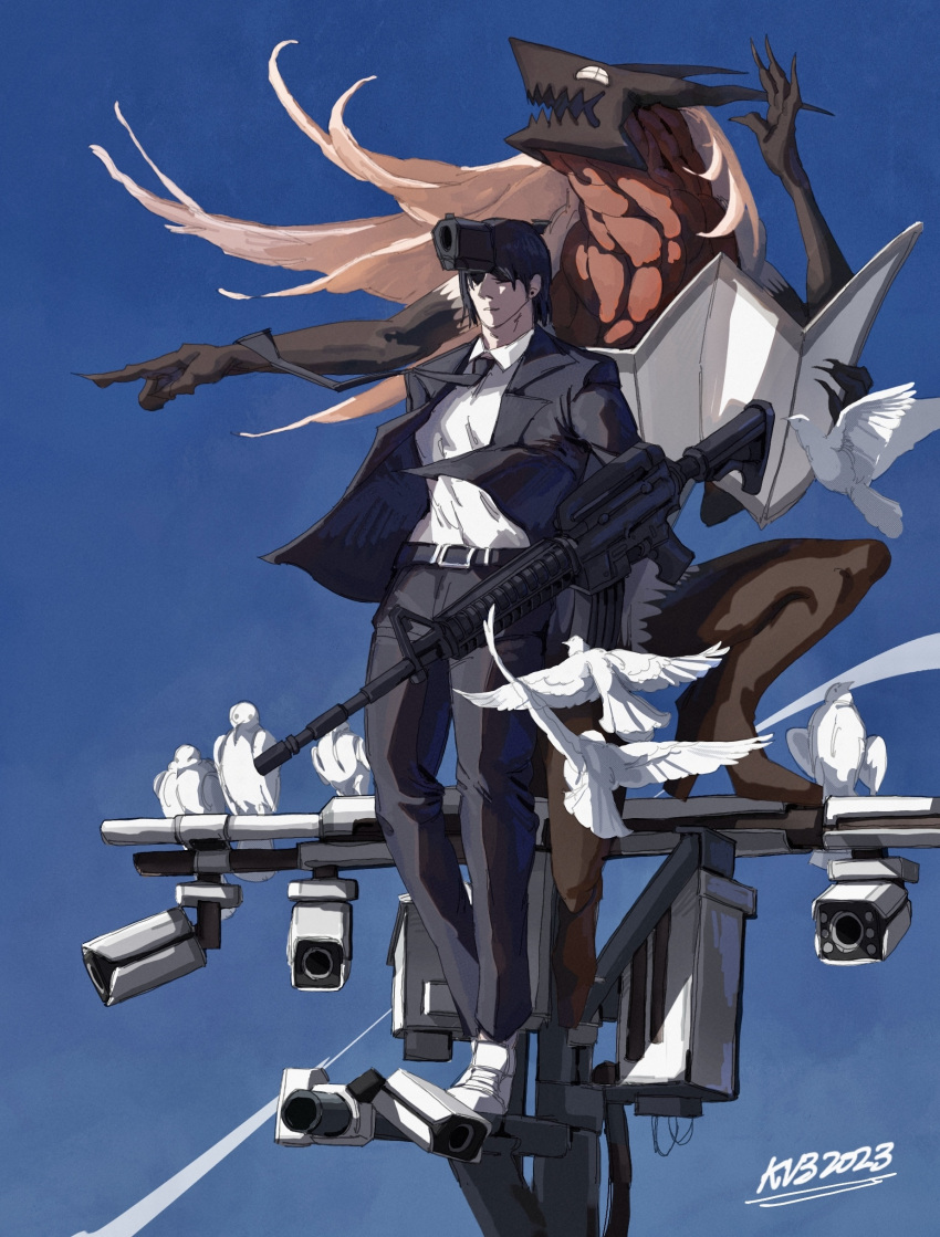 1boy 1other absurdres bird black_hair black_jacket black_necktie black_pants black_suit blonde_hair blood_devil_(chainsaw_man) blue_sky chainsaw_man extra_hands full_body gun gun_devil_(chainsaw_man) hair_down hayakawa_aki highres horns intestines jacket kv3 long_hair necktie pants pointing power_(chainsaw_man) security_camera sharp_teeth shirt sky suit teeth utility_pole weapon white_bird white_footwear white_shirt