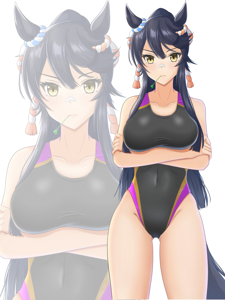 1girl animal_ears arms_under_breasts bandaid bandaid_on_face bandaid_on_nose black_hair black_one-piece_swimsuit commentary_request competition_swimsuit cowboy_shot crossed_arms highleg highleg_swimsuit highres horse_ears horse_girl horse_tail long_hair looking_at_viewer mouth_hold multicolored_clothes multicolored_swimsuit multiple_views narita_brian_(umamusume) one-piece_swimsuit ponytail rope seppatsumaru shimenawa simple_background stalk_in_mouth swimsuit tail umamusume very_long_hair white_background yellow_eyes zoom_layer