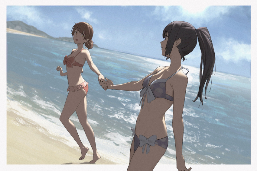 2girls :d bare_arms bare_shoulders barefoot beach bikini black_hair blue_sky border breasts brown_eyes brown_hair cloud day frilled_bikini frills hibike!_euphonium high_ponytail highres holding_hands horizon kousaka_reina long_hair looking_at_another low_ponytail multiple_girls ocean open_mouth oumae_kumiko outdoors outside_border pink_bikini psylduck purple_bikini shore sky small_breasts smile standing swimsuit water white_border