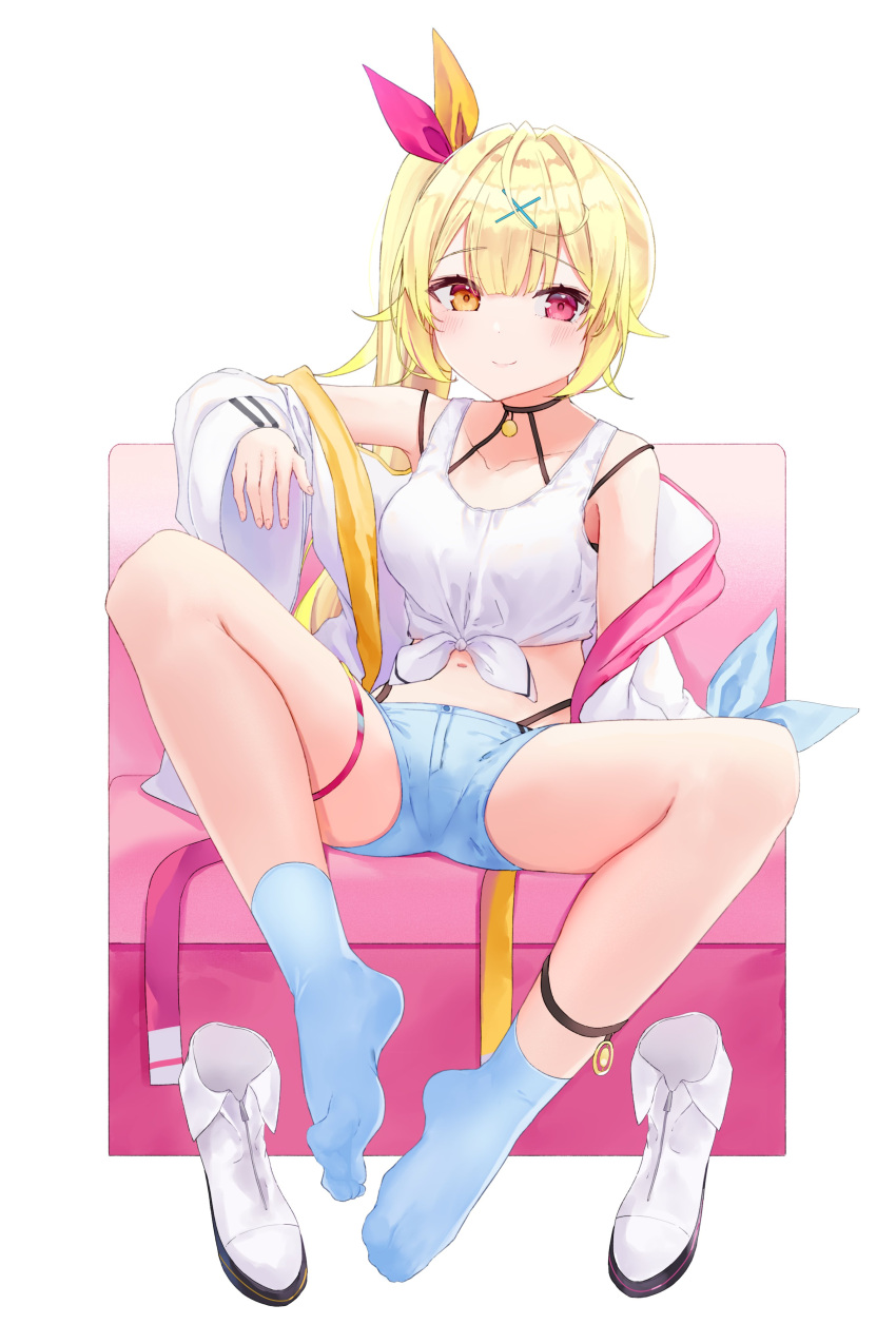 1girl absurdres ahoge black_choker blonde_hair blue_shorts blue_socks blush boots choker closed_mouth collarbone commentary crop_top feet fold-over_boots front-tie_top full_body hair_ornament hair_ribbon heterochromia highleg highleg_panties highres hoshikawa_sara hoshikawa_sara_(1st_costume) jacket kou_futoshi legs legs_up long_hair looking_at_viewer midriff navel nijisanji no_shoes off_shoulder open_clothes open_jacket orange_eyes panties panty_straps red_eyes ribbon shirt short_shorts shorts side_ponytail simple_background sitting smile socks solo symbol-only_commentary tank_top thigh_strap tied_shirt toes underwear unworn_boots virtual_youtuber white_background white_footwear white_jacket white_tank_top x_hair_ornament