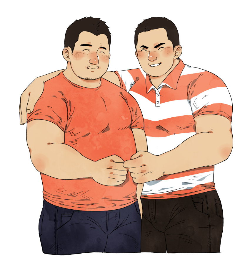 2boys :3 ^_^ absurdres bara belly black_pants blush bulge closed_eyes collared_shirt couple cropped_legs daisukebear denim fist_bump hand_on_another's_shoulder highres jeans male_focus multiple_boys nose_blush original pants pectorals plump rugby_uniform shirt short_hair sideburns sportswear t-shirt thighs white_background yaoi