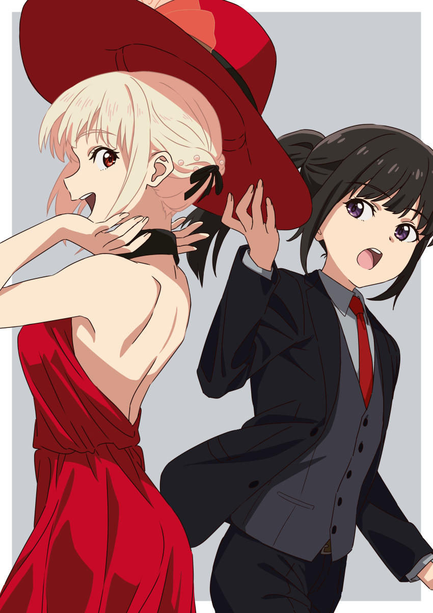 2girls :d absurdres asada7101 backless_dress backless_outfit black_hair black_jacket blonde_hair collared_shirt dress hat highres holding holding_clothes holding_hat inoue_takina jacket long_sleeves looking_at_another lycoris_recoil multiple_girls necktie nishikigi_chisato open_clothes open_jacket open_mouth ponytail purple_eyes red_dress red_eyes red_headwear red_necktie shirt short_hair simple_background sleeveless sleeveless_dress smile