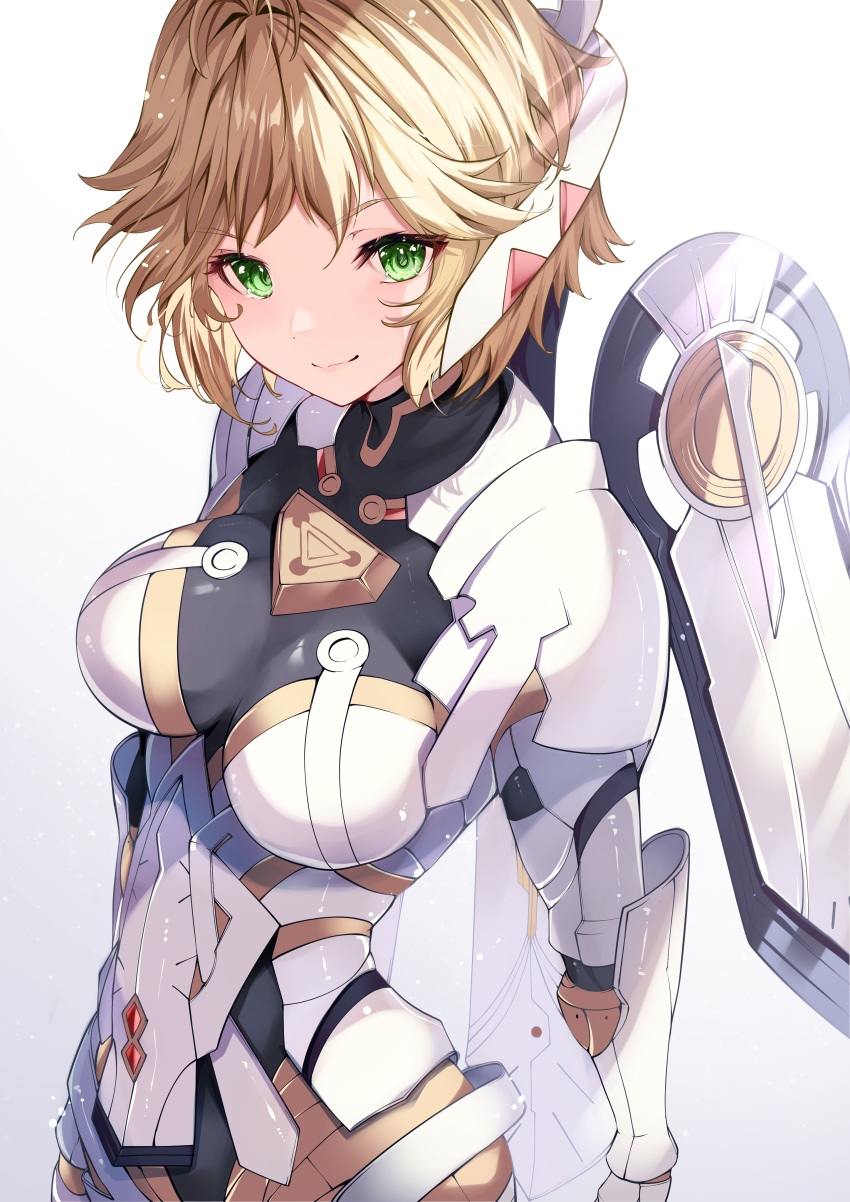 1girl absurdres blonde_hair breasts cyborg fiora_(xenoblade) green_eyes highres mecha-fiora medium_breasts risumi_(taka-fallcherryblossom) short_hair simple_background solo upper_body xenoblade_chronicles_(series) xenoblade_chronicles_1