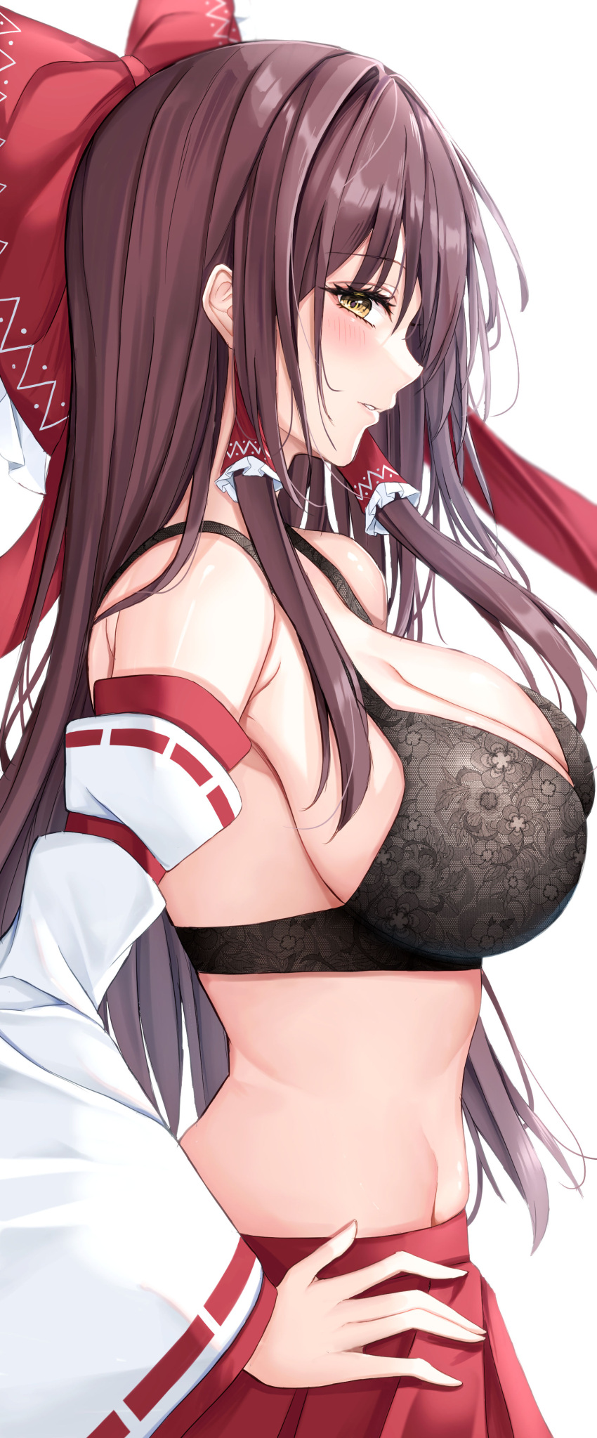 1girl 7saki absurdres black_bra bow bra breasts brown_hair cleavage commentary_request detached_sleeves from_side hair_bow hair_tubes hakurei_reimu highres large_breasts long_hair looking_at_viewer no_shirt parted_lips red_bow red_skirt ribbon-trimmed_sleeves ribbon_trim sidelocks sideways_glance simple_background skirt solo touhou underwear white_background