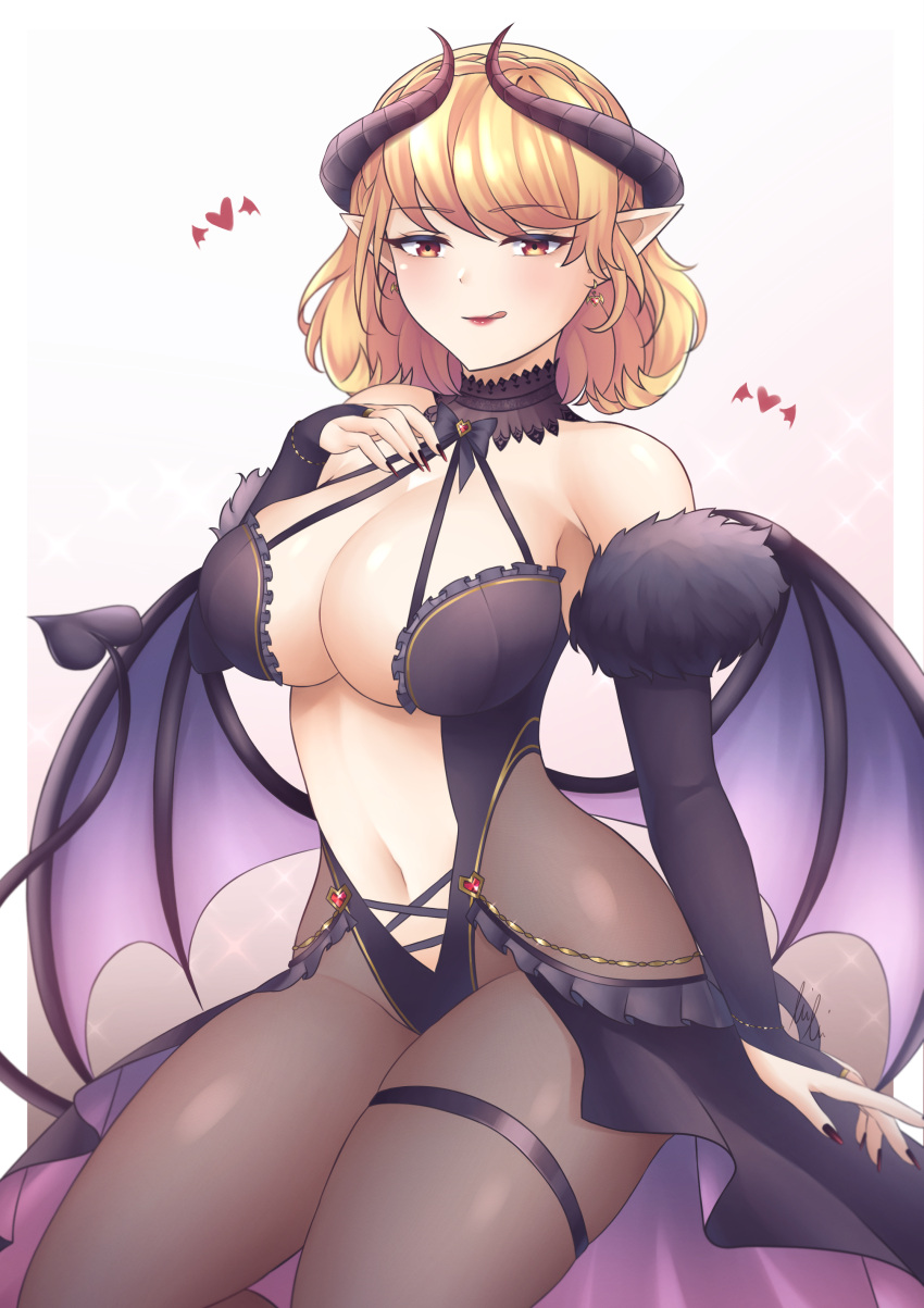 1girl absurdres alternate_costume azur_lane bat_wings black_leotard blonde_hair breasts brown_pantyhose center_opening cleavage covered_navel demon_girl demon_horns demon_tail demon_wings detached_collar detached_sleeves earrings english_commentary fingernails fur-trimmed_sleeves fur_trim gem heart heart_tail highres horns jewelry large_breasts leotard long_sleeves looking_at_viewer medium_hair orange_eyes pantyhose pointy_ears prince_of_wales_(azur_lane) pumpkinpaii red_gemstone revealing_clothes sharp_fingernails signature simple_background solo tail thigh_strap white_background wings