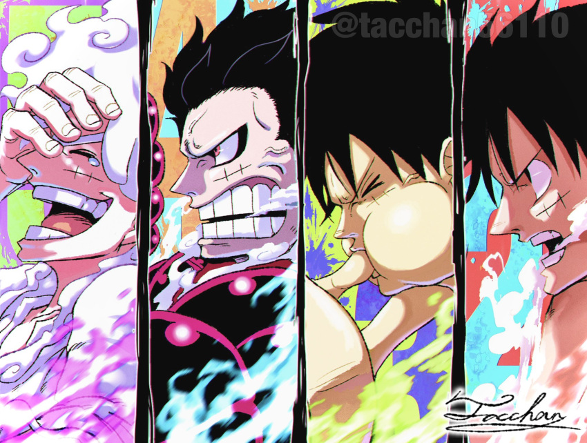 &gt;_&lt; 4boys angry artist_name black_hair blue_fire clenched_teeth closed_eyes cloud_hair commentary_request energy fire gear_fifth gear_fourth gear_fourth:_boundman gear_second gear_third green_fire hand_on_own_head hand_up highres laughing male_focus monkey_d._luffy multiple_boys multiple_persona one_piece open_mouth profile purple_fire red_eyes scar scar_on_cheek scar_on_face short_hair signature smile smoke tacchan56110 tears teeth tongue twitter_username upper_body v-shaped_eyebrows white_hair