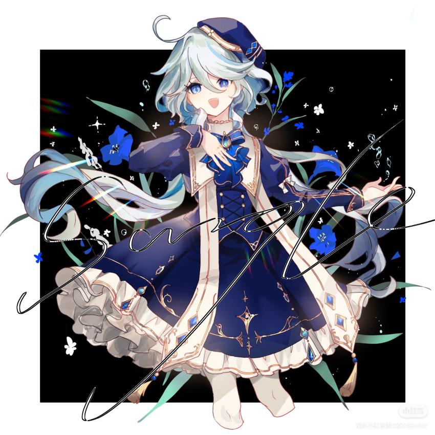 1girl ahoge ascot beret blue_ascot blue_dress blue_eyes blue_gemstone blue_hair blue_headwear brooch dress frilled_dress frills furina_(genshin_impact) gem genshin_impact gold_trim hand_on_own_chest hat highres jewelry juliet_sleeves long_hair long_sleeves looking_at_viewer multicolored_hair olivier42118278 puffy_sleeves sample_watermark solo streaked_hair very_long_hair watermark white_hair