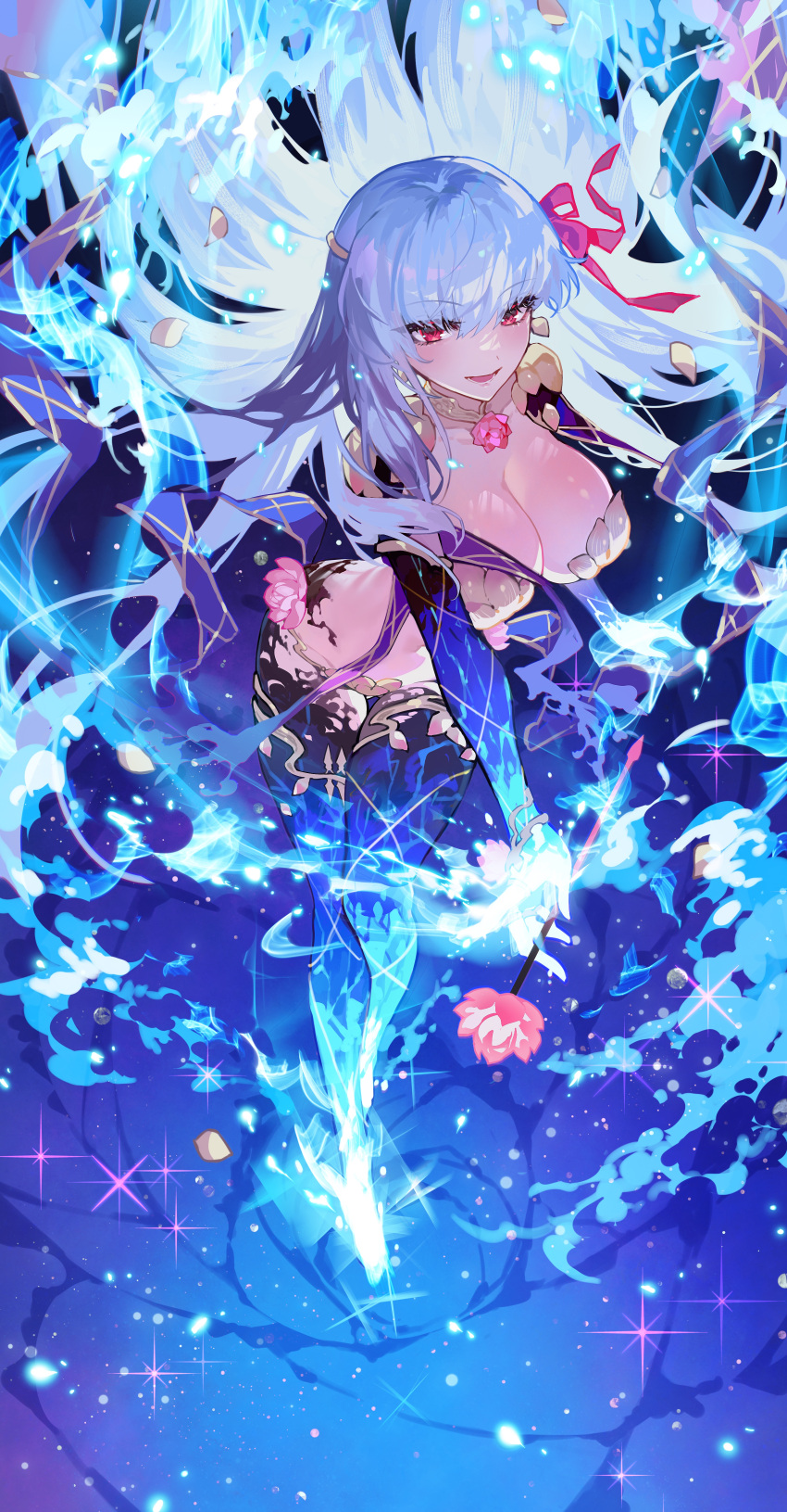 1girl absurdres blue_fire breasts earrings fate/grand_order fate_(series) fire flower glowing grey_hair hair_ribbon highres jewelry kama_(fate) kama_(third_ascension)_(fate) large_breasts long_hair lotus metal_bikini red_eyes ribbon starry_background very_long_hair youling_keke