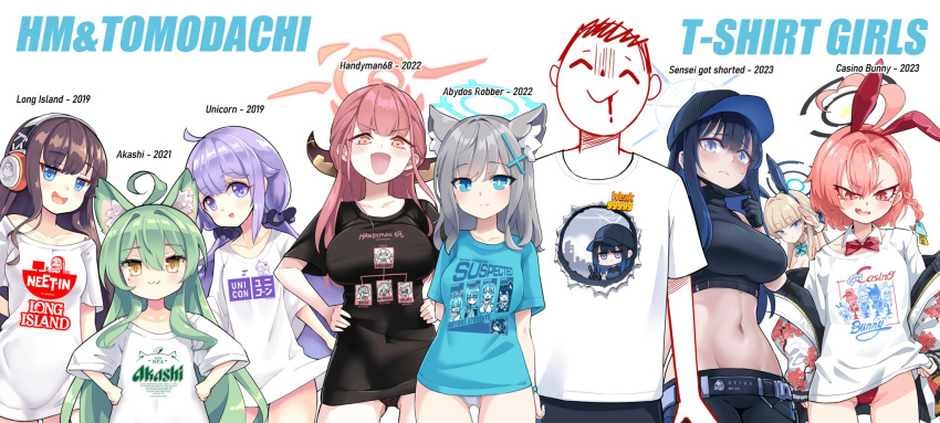 1boy 6+girls abs animal_ear_fluff animal_ears arona's_sensei_doodle_(blue_archive) artist_name aru_(blue_archive) azur_lane baseball_cap blue_archive blush character_request comiket_102 company_connection crossover demon_girl demon_horns english_text fake_animal_ears hat highres hm_(hmongt) horns multiple_girls navel neru_(blue_archive) neru_(bunny)_(blue_archive) rabbit_ears saori_(blue_archive) sensei_(blue_archive) shiroko_(blue_archive) shirt t-shirt toki_(blue_archive) toki_(bunny)_(blue_archive) wolf_ears wolf_girl