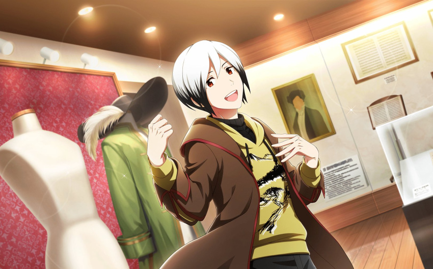 1boy black_hair fingernails hair_between_eyes highres idolmaster idolmaster_side-m idolmaster_side-m_live_on_stage! indoors jacket kitamura_sora long_sleeves looking_at_viewer male_focus official_art open_clothes open_jacket open_mouth orange_eyes solo teeth upper_teeth_only white_hair