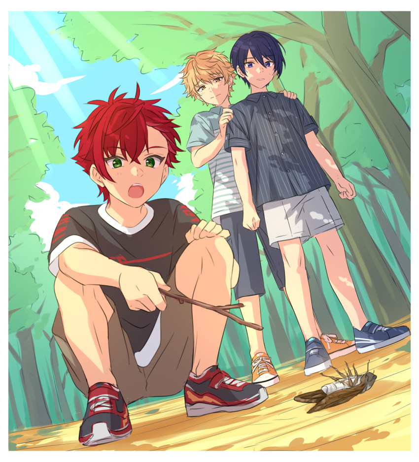 3boys aged_down blonde_hair blue_eyes blue_hair border bug buttons clenched_hands closed_mouth collared_shirt commentary_request dark_blue_hair dress_shirt full_body green_eyes grey_shorts hand_on_own_knee hands_on_another's_shoulders helios_rising_heroes highres holding holding_stick kisaragi_ren_(helios_rising_heroes) male_child male_focus multiple_boys open_mouth otori_akira outdoors parted_lips partial_commentary red_hair sekina shirt short_hair short_sleeves shorts split_mouth squatting standing stick teeth tree upper_teeth_only white_border will_sprout yellow_eyes yellow_footwear