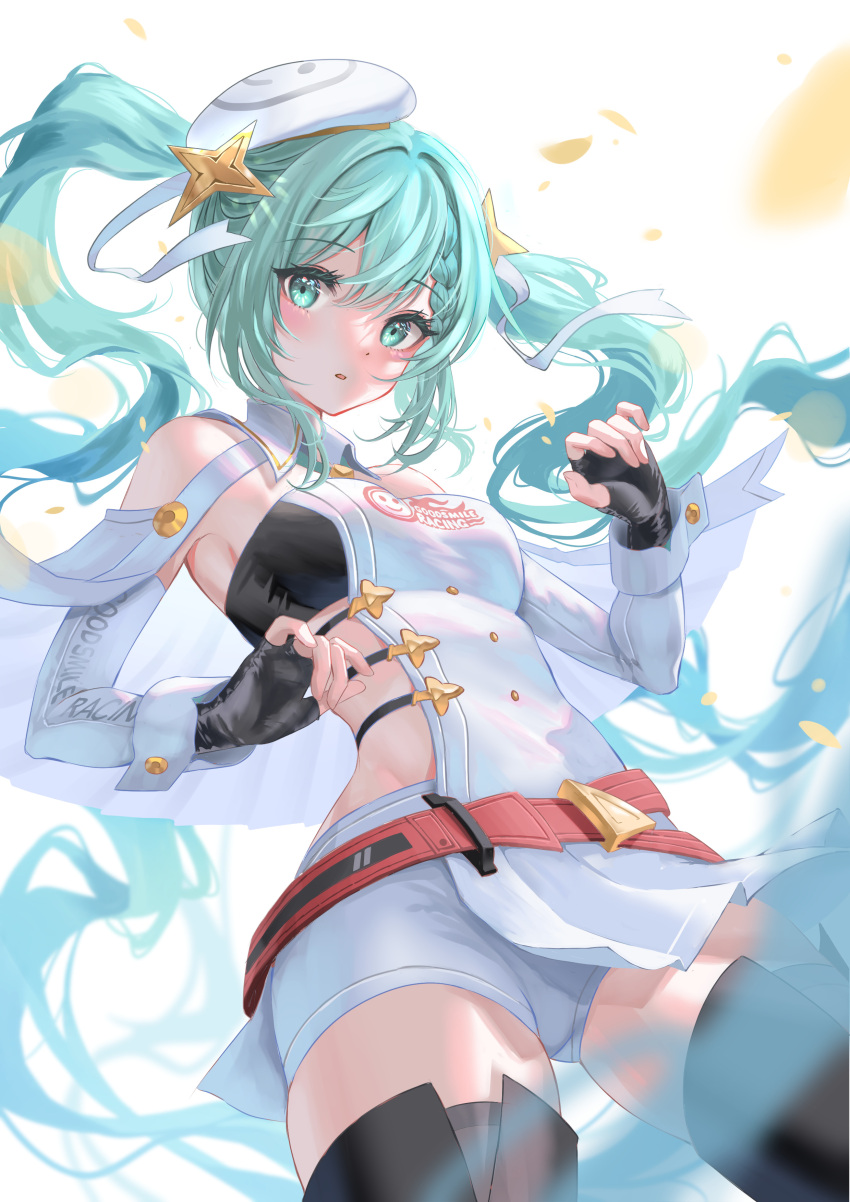 1girl absurdres aqua_hair black_gloves blurry blurry_foreground braid breasts cowboy_shot detached_sleeves fingerless_gloves floating_hair genjitsu_pirika gloves green_eyes hair_between_eyes hair_ornament hat hatsune_miku highres long_hair long_sleeves looking_at_viewer medium_breasts racing_miku racing_miku_(2023) short_shorts shorts single_braid solo standing star_(symbol) star_hair_ornament twintails very_long_hair vocaloid white_headwear white_shorts white_sleeves