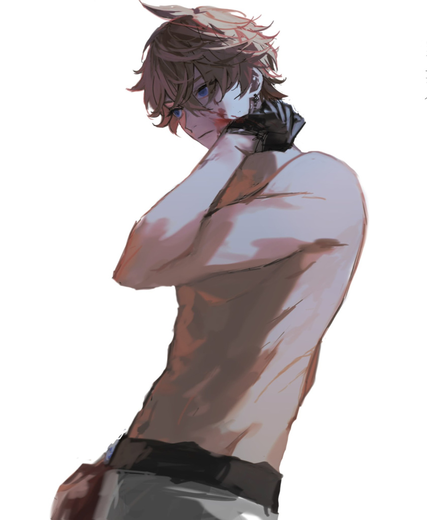 1boy black_gloves blood blood_in_hair blood_on_face brown_hair earrings genshin_impact gloves grey_pants hair_between_eyes highres jewelry male_focus pants simple_background single_earring solo tartaglia_(genshin_impact) toned toned_male umnume upper_body white_background