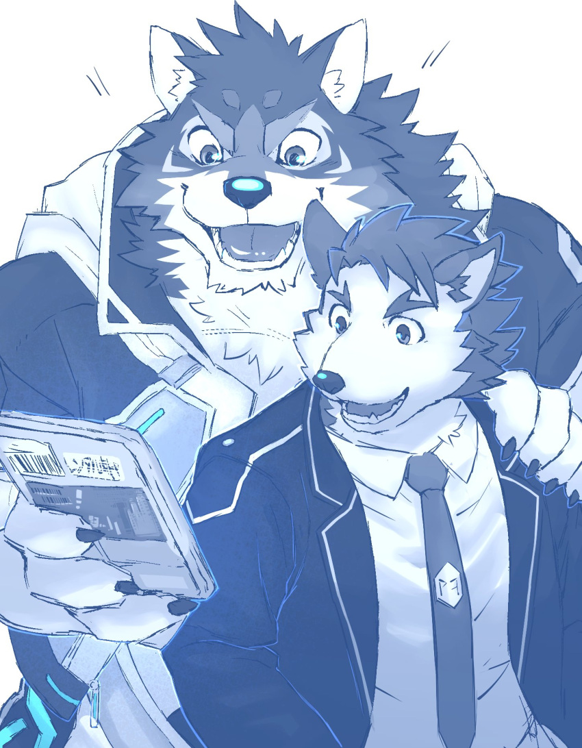 anthro barrel_(live_a_hero) canid canine canis clothing dog_operator domestic_dog duo dvd hi_res lifewonders live_a_hero male mammal muscular muscular_anthro muscular_male necktie protagonist_(live_a_hero) sakuhuu size_difference smile suit wolf