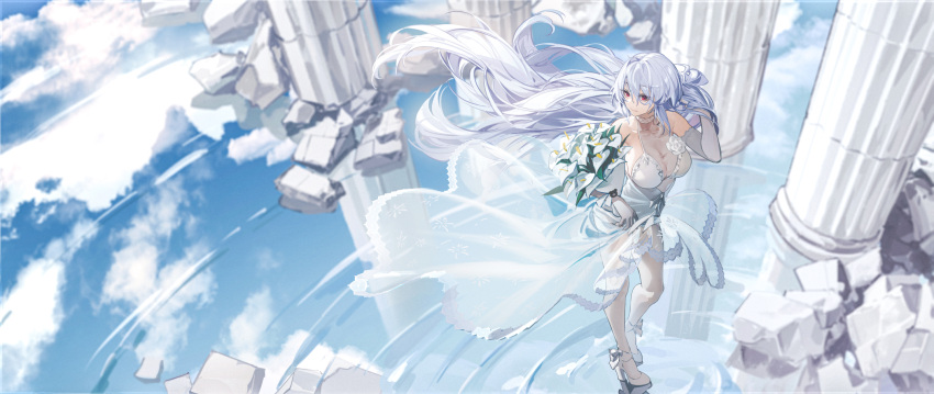 1girl bare_shoulders bouquet breasts cleavage dress elbow_gloves girls'_frontline gloves high_heels highres large_breasts long_hair pk_(by_your_side)_(girls'_frontline) pk_(girls'_frontline) red_eyes rff_(3_percent) solo very_long_hair water wedding_dress white_hair