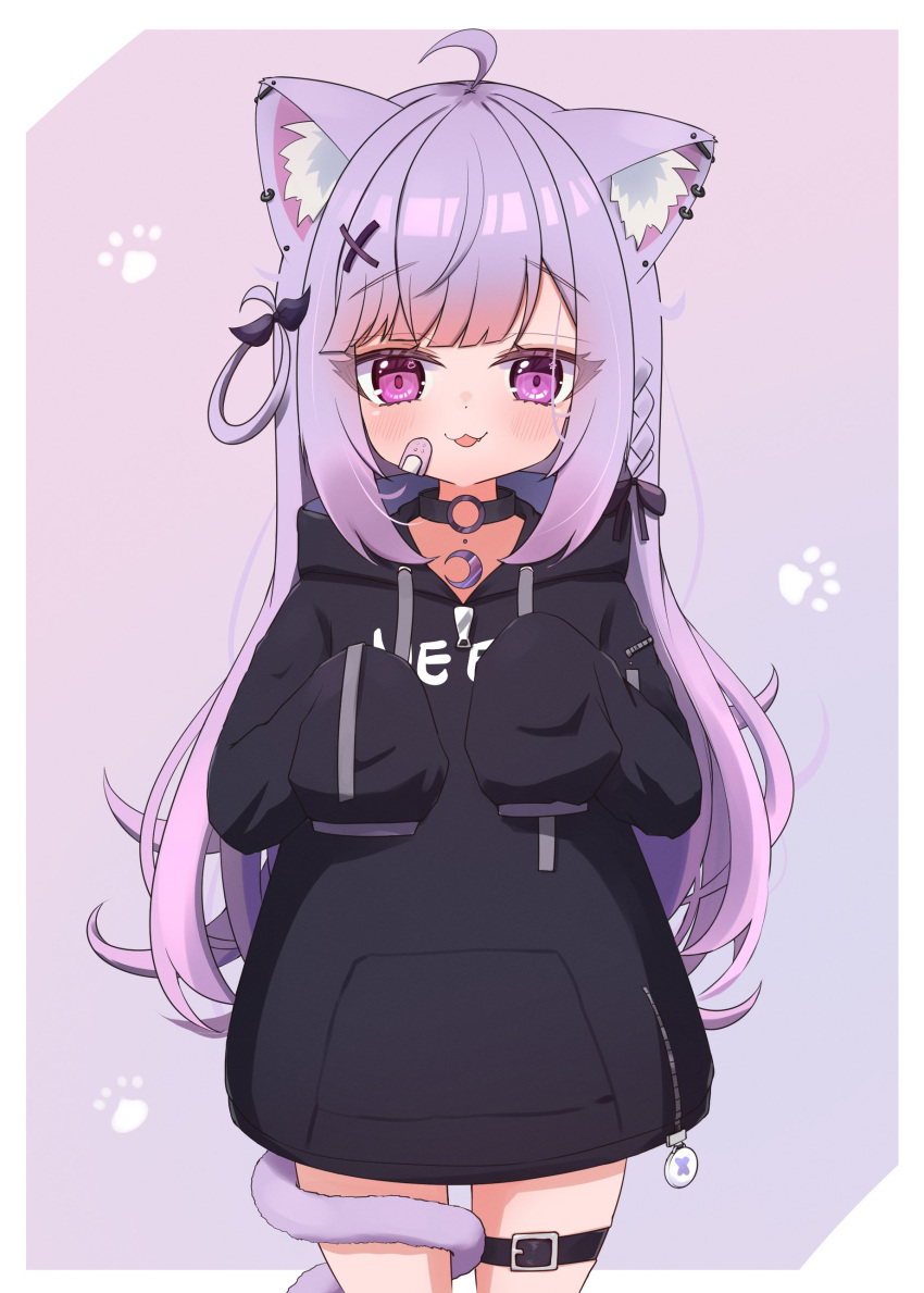 :3 absurdres ahoge animal_ear_fluff animal_ears bandaid bandaid_on_face black_ribbon blunt_bangs braid bridal_garter cat_ears collar crescent ear_piercing fangs heterochromia highres hood hoodie indie_virtual_youtuber lavender_background long_hair long_sleeves mikeneko_(utaite) milk_tea_1993 no_pants paw_pose paw_print piercing pink_eyes purple_eyes purple_hair ribbon side_braid simple_background tail tail_wrap