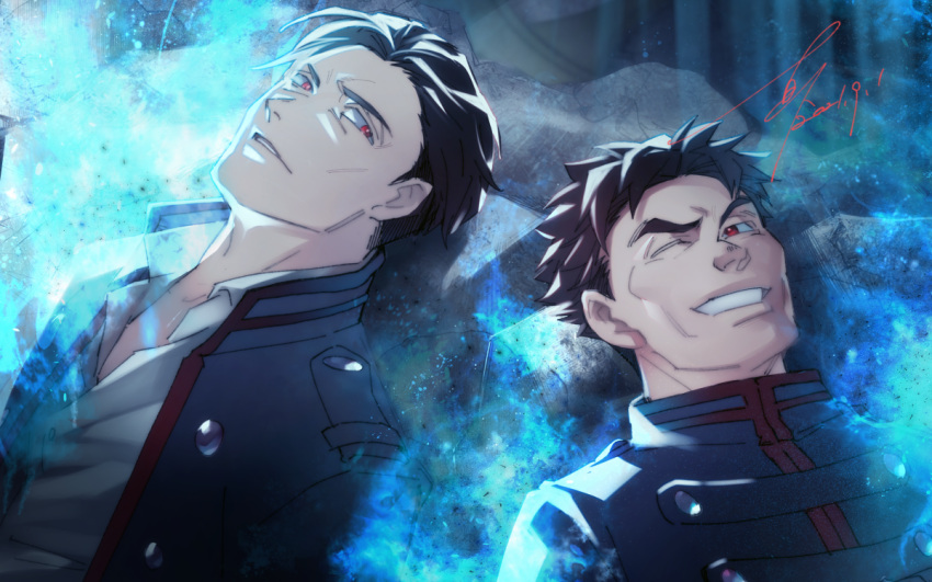 2boys black_hair blue_fire brown_hair burning code_zero_uniform dress_shirt dying fire grin jacket light_smile looking_at_another lying maede_yoshinbu makoto1009 male_focus mars_red mature_male military_uniform multiple_boys on_back on_floor one_eye_closed open_clothes open_jacket parted_lips red_eyes rubble shirt short_hair signature smile tokuichi_yamagami uniform white_shirt