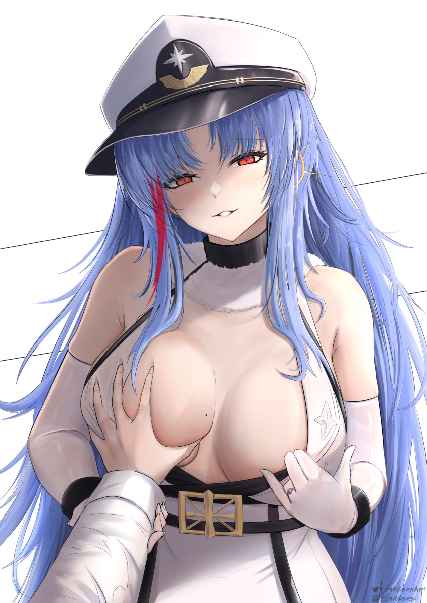 1girl 1other absurdres azur_lane blue_hair breasts commission dress elbow_gloves english_commentary gloves grabbing grabbing_another's_breast guided_breast_grab guiding_hand hat highres jewelry large_breasts long_hair long_sleeves mole mole_on_breast multicolored_hair peaked_cap red_eyes ring simple_background streaked_hair tallinn_(azur_lane) two-tone_hair very_long_hair wedding_ring white_background white_dress white_gloves white_headwear yunareas