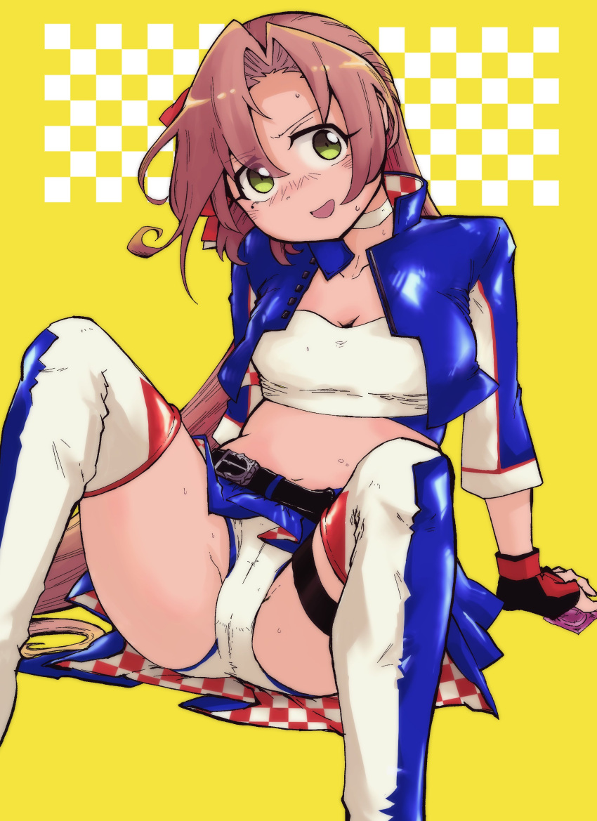 1girl absurdres akigumo_(kancolle) alternate_hairstyle bandeau belt blue_jacket blue_skirt breasts brown_hair cameltoe checkered_clothes cropped_jacket dova green_eyes hair_down highres jacket kantai_collection long_hair looking_at_viewer medium_breasts mole mole_under_eye official_alternate_costume race_queen shorts shorts_under_skirt sitting skirt solo spread_legs white_bandeau white_shorts