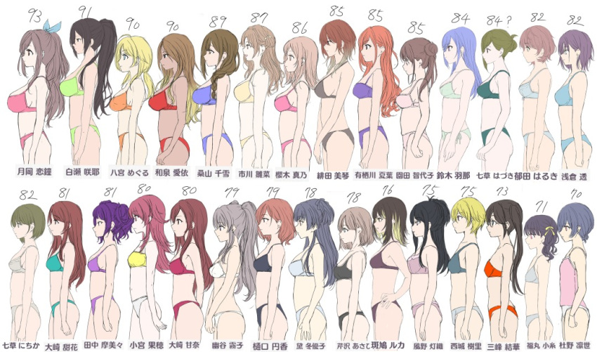 6+girls aketa_mikoto arisugawa_natsuha asakura_toru breasts character_chart character_name cropped_legs dark-skinned_female dark_skin everyone flat_chest from_side fukumaru_koito hachimiya_meguru hand_on_own_hip higuchi_madoka huge_breasts ichikawa_hinana idolmaster idolmaster_shiny_colors ikaruga_luca ikuta_haruki izumi_mei kazano_hiori komiya_kaho kuwayama_chiyuki large_breasts looking_ahead mayuzumi_fuyuko medium_breasts mitsumine_yuika morino_rinze multiple_girls nakonako nanakusa_hazuki nanakusa_nichika osaki_amana osaki_tenka own_hands_together profile saijo_juri sakuragi_mano serizawa_asahi shirase_sakuya simple_background sketch small_breasts sonoda_chiyoko suzuki_hana tanaka_mamimi translated tsukioka_kogane underwear underwear_only white_background yukoku_kiriko