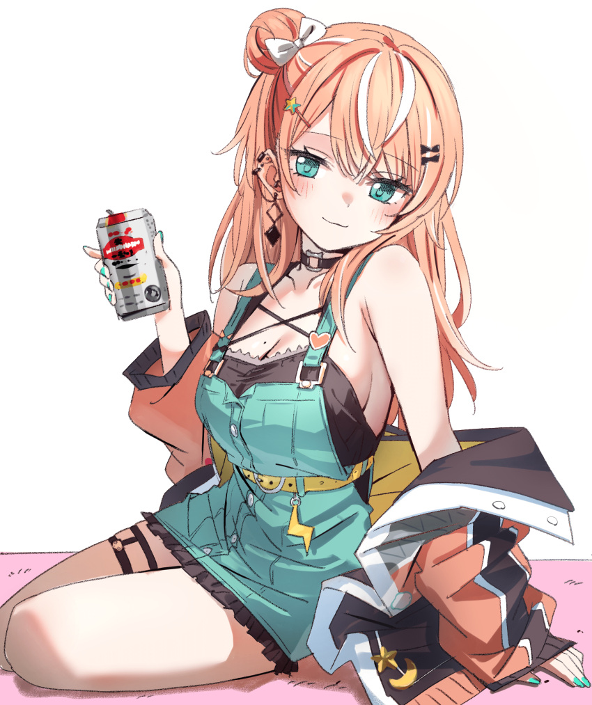 1girl aqua_nails bare_shoulders beer_can belt black_choker black_dress bow breasts can choker cleavage dress ear_piercing green_dress green_eyes green_overalls hair_bow hair_bun hair_ornament hairclip halter_dress halterneck highres holding holding_can igarashi_rika jacket large_breasts long_hair looking_at_viewer multicolored_hair nijisanji no_bra o-ring o-ring_choker off_shoulder open_clothes open_jacket orange_hair orange_jacket osiaarah overalls piercing sideboob single_side_bun sitting smile solo star_(symbol) star_hair_ornament streaked_hair thigh_strap transparent_background virtual_youtuber white_hair yellow_belt yokozuwari