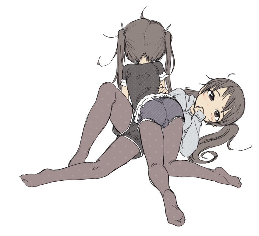 2girls ahoge all_fours black_shirt black_shorts brown_eyes brown_hair covered_mouth covering_mouth flat_color from_behind full_body grey_hoodie grey_shorts hand_on_another's_hip highres hood hood_down hoodie kikai_(akita_morgue) knee_up long_hair long_sleeves looking_at_viewer lying multiple_girls no_shoes original pantyhose pinching_sleeves polka_dot polka_dot_pantyhose polka_dot_shirt shirt short_shorts short_sleeves shorts simple_background twintails unmoving_pattern white_background