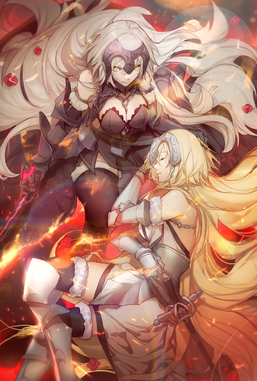 2girls armor armored_boots armored_dress bare_shoulders black_dress blonde_hair boots breasts chain cleavage clenched_teeth closed_eyes closed_mouth detached_sleeves dress fate/grand_order fate_(series) flower fur_trim gauntlets headpiece highres holding holding_sword holding_weapon jeanne_d'arc_(fate) jeanne_d'arc_(third_ascension)_(fate) jeanne_d'arc_alter_(avenger)_(fate) jeanne_d'arc_alter_(avenger)_(third_ascension)_(fate) jeanne_d'arc_alter_(fate) large_breasts long_hair lying multiple_girls no-kan on_side petals rose rose_petals sword teeth thighhighs very_long_hair weapon white_hair yellow_eyes