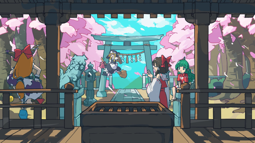 4girls architecture black_dress blue_sky bow box broom broom_riding cherry_blossoms closed_mouth cloud day detached_sleeves doggo_1d34 donation_box dress east_asian_architecture forest from_behind green_eyes green_hair hair_bow hakurei_reimu hakurei_shrine highres horns ibuki_suika kirisame_marisa komano_aunn looking_at_another multiple_girls nature nontraditional_miko open_mouth orange_hair red_bow red_shirt red_skirt red_vest rope shide shimenawa shirt short_sleeves shorts shrine sitting skirt sky smile spring_(season) standing statue stone_lantern torii touhou tree vest white_sleeves wide_shot witch yawning